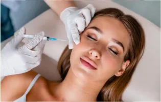 A woman receiving an injection of biofiller from a skin care specialist for achieving flawless skin