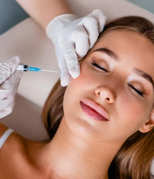 A doctor injects a woman's face with a needle for skin bio fillers treatment to improve her beauty.