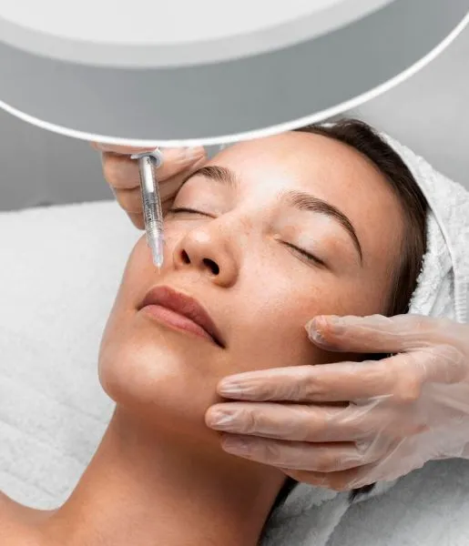 A woman undergoing dermal filler injections from a cosmetic care specialist to attain glowing skin.