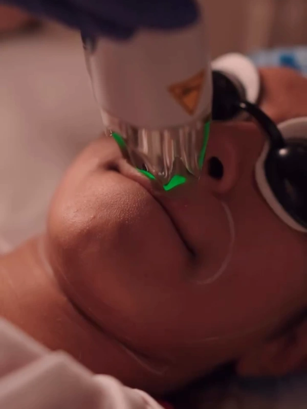 Close-up of laser hair removal procedure on upper lip