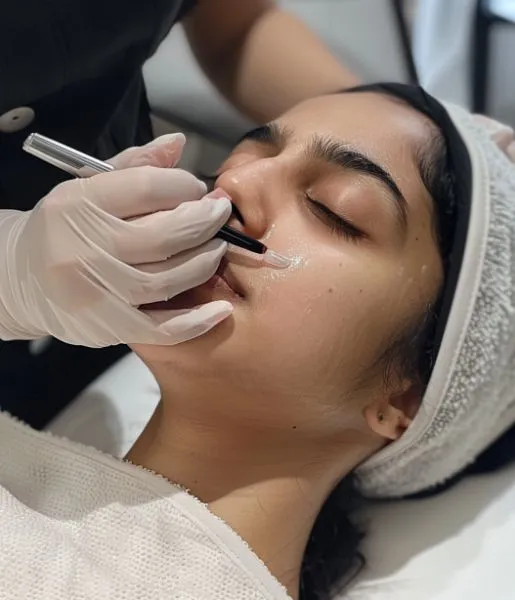 An expert performs dermaplaning treatment to a client's face in close-up to scrub the skin