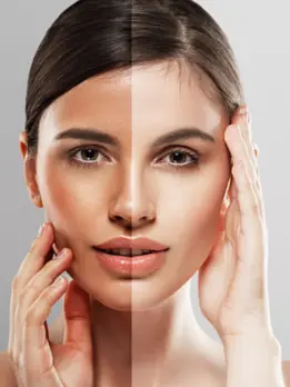 A woman with a glowing complexion removes sun damage and tan while holding a bottle of gel.