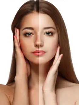 Young woman with different skin tones is standing & showing her shiny & dull skin on opposite sides